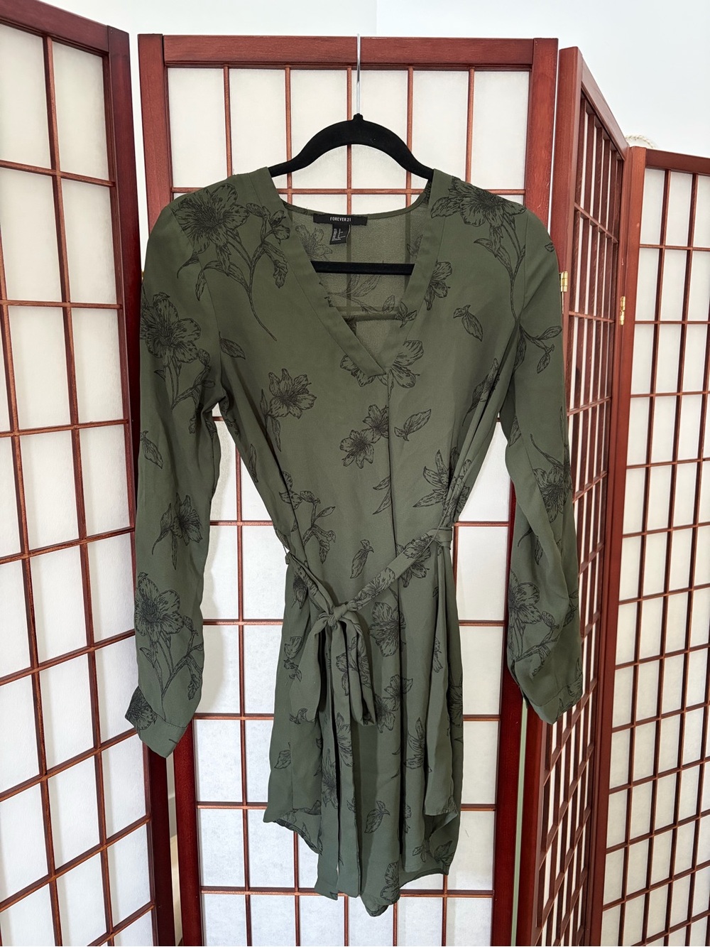 Floral Wrap Dress - Olive Green